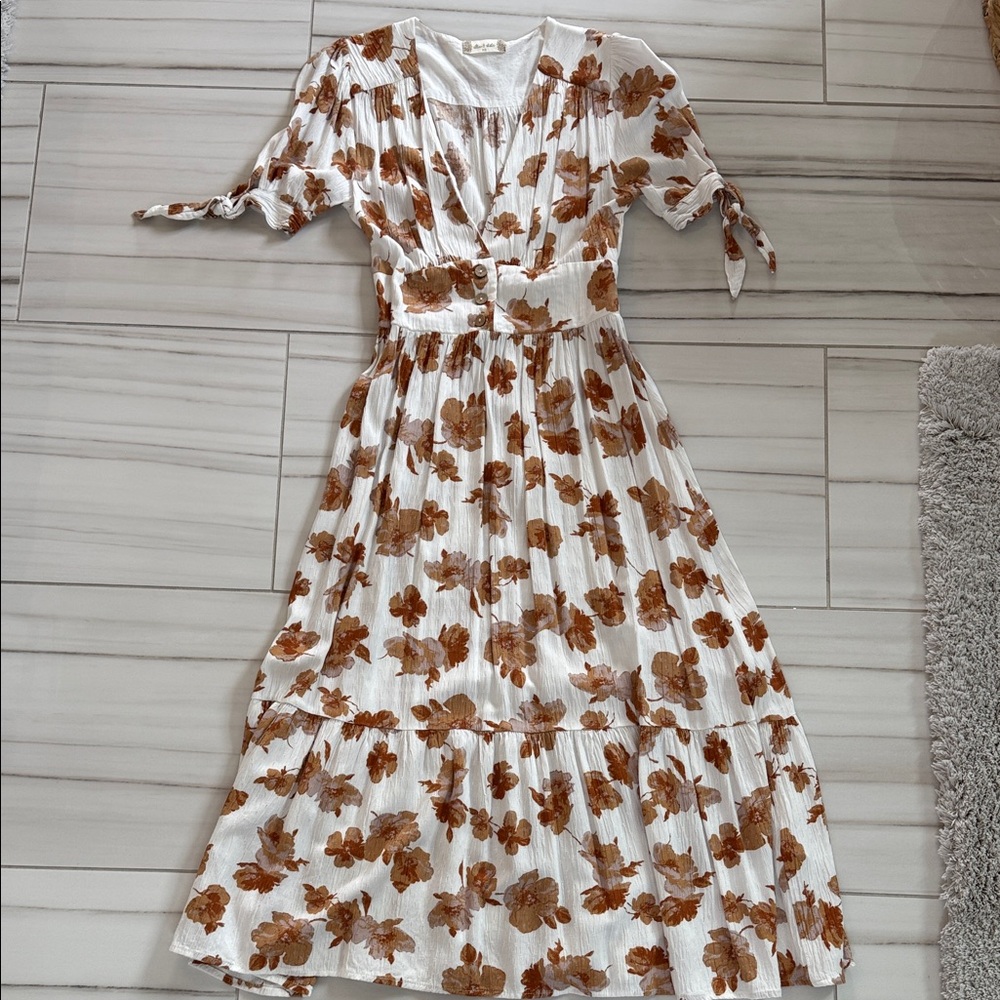 Altar'd State White Midi Dress with Brown Floral Print
